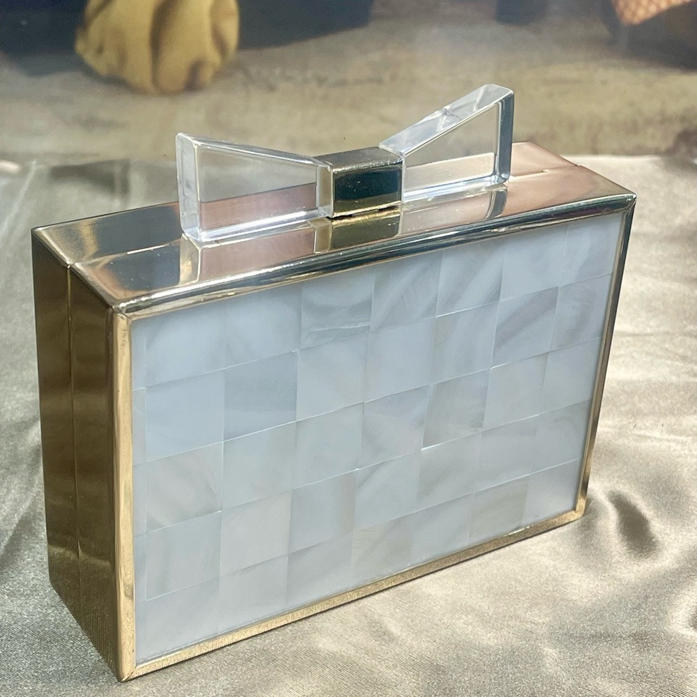 Elegant Mother Of Pearl Handbag, Lucite Bow Large Clasp Crossbody Evening Purse